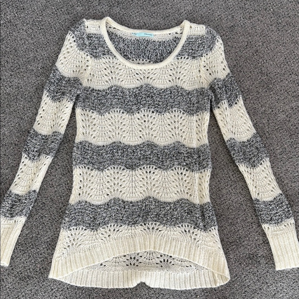 Women's Cream and Gray Striped Sweater with sequin details